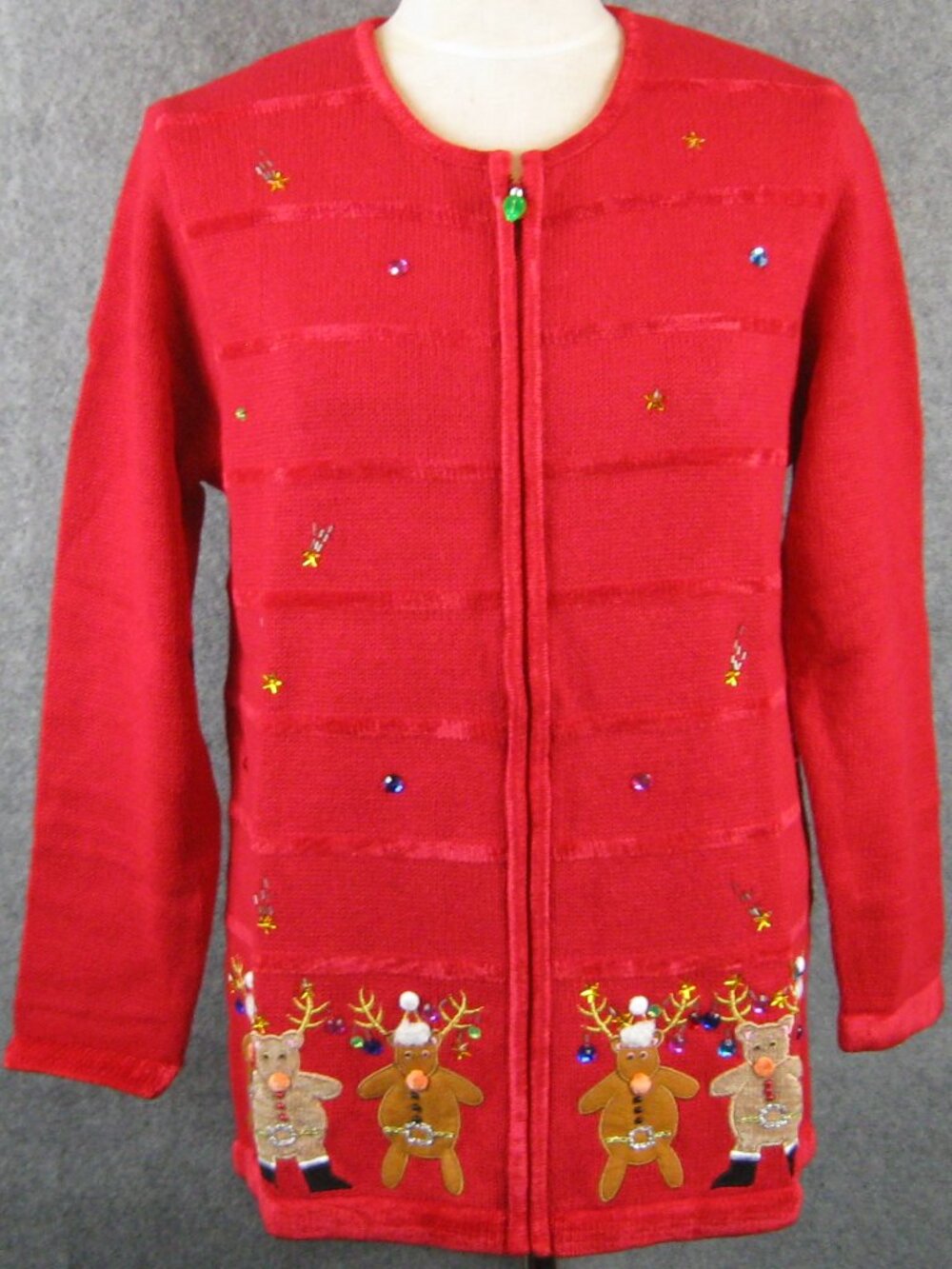 Quacker Factory Zip Front Reindeer Border Cardigan Sz M Red